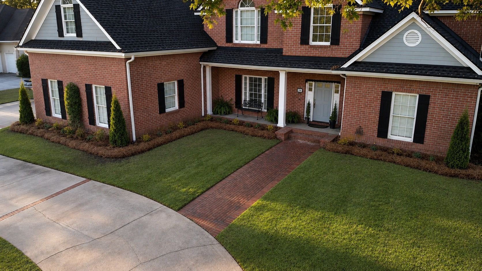 Freshly landscaped front yard with new sod and planting beds